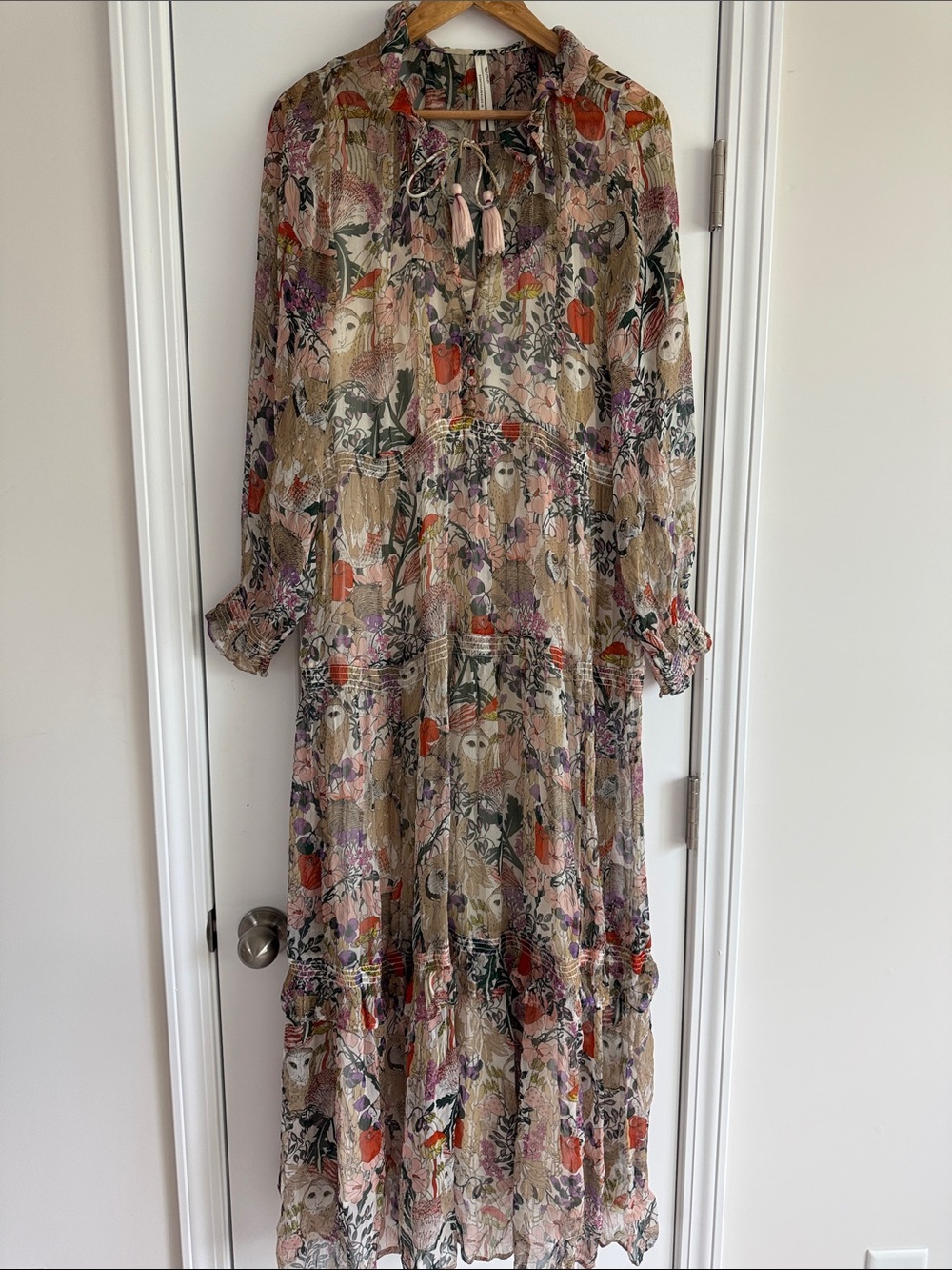 Anthropologie Marais Woodland Owl Print Chiffon Maxi Dress Tassel Tie M Medium